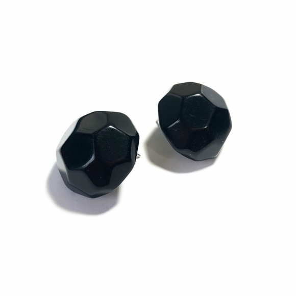 Black Faceted Retro Button Stud Lucite Earrings - Picture 4 of 8